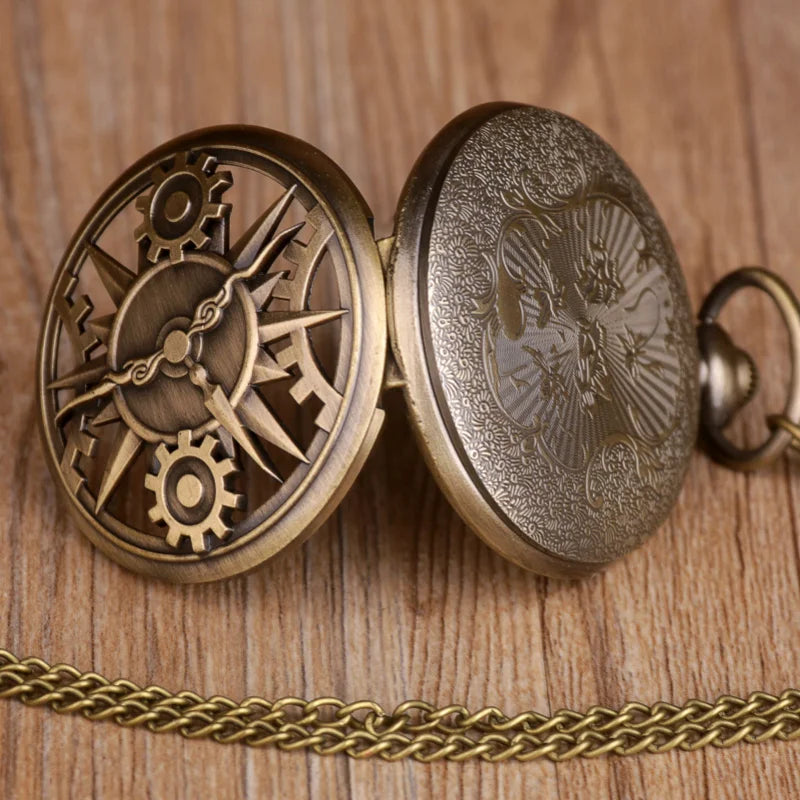 Antique Bronze Steampunk Compass Pocket Watch