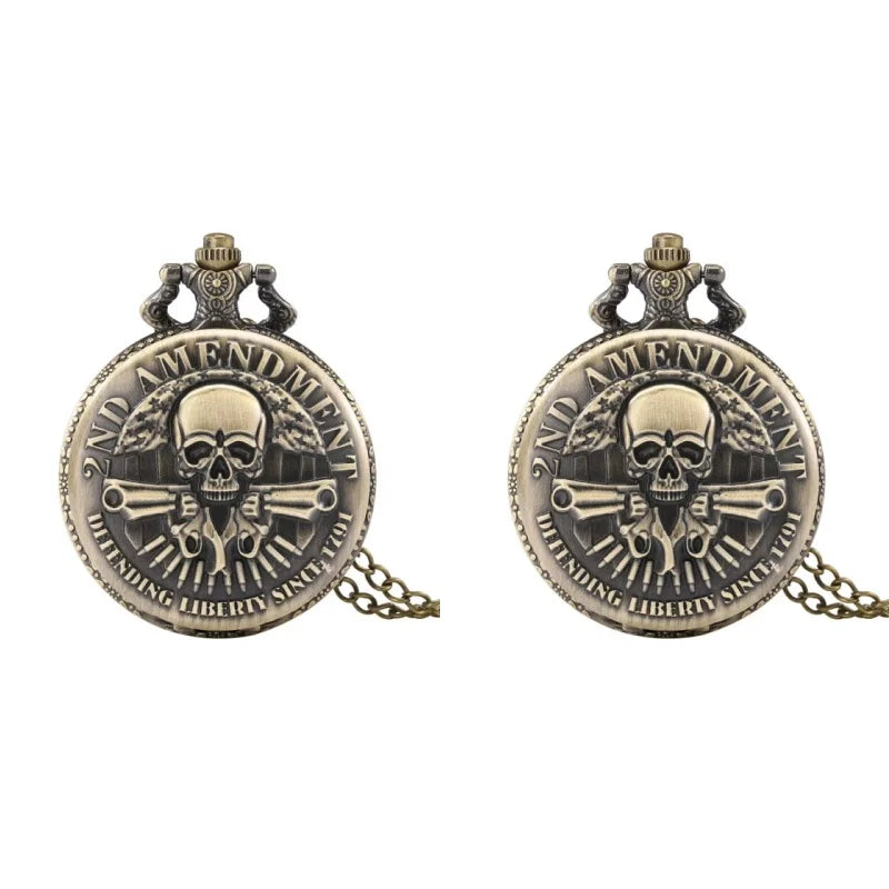 Antique Bronze 2nd Amendment Skull & Guns Pocket Watch