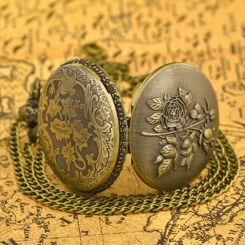 Antique Bronze Embossed Rose Pocket Watch