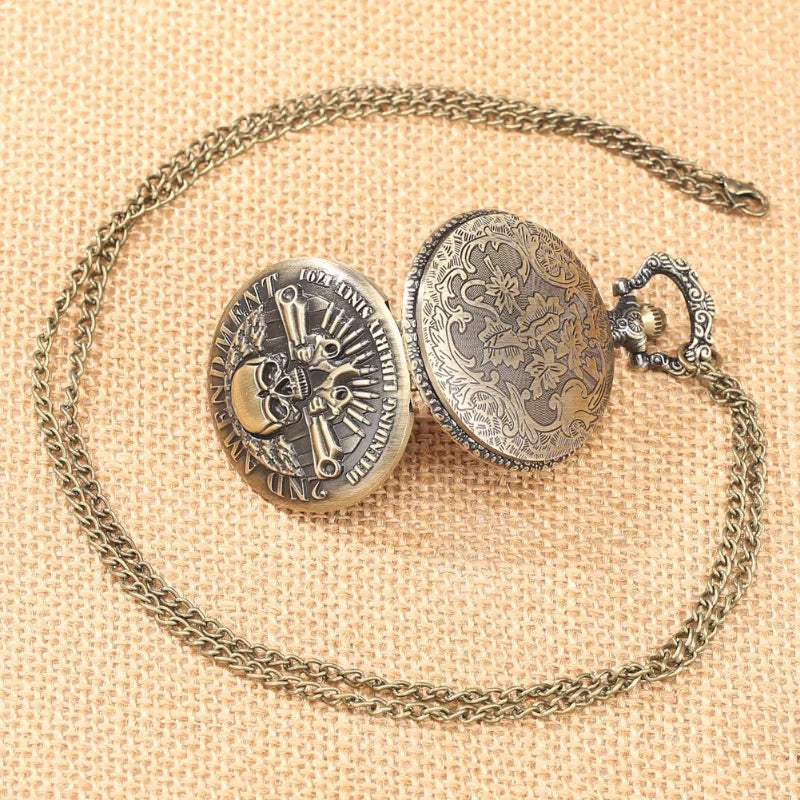 Antique Bronze 2nd Amendment Skull & Guns Pocket Watch