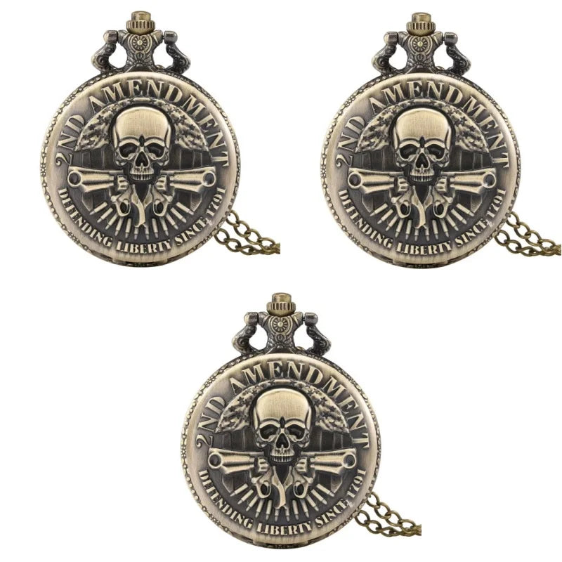 Antique Bronze 2nd Amendment Skull & Guns Pocket Watch