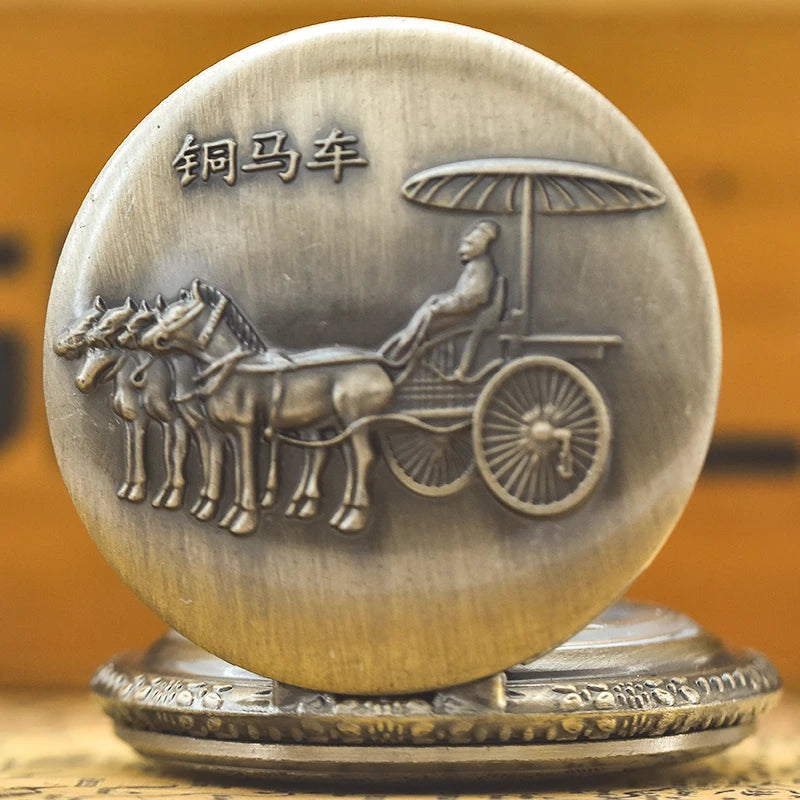 Vintage Bronze Horse Carriage Pocket Watch with Chain