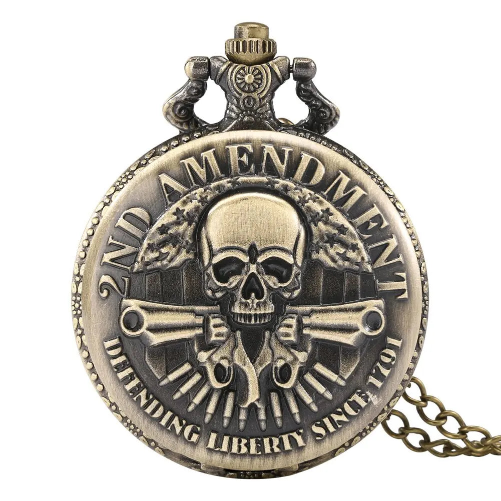 Antique Bronze 2nd Amendment Skull & Guns Pocket Watch