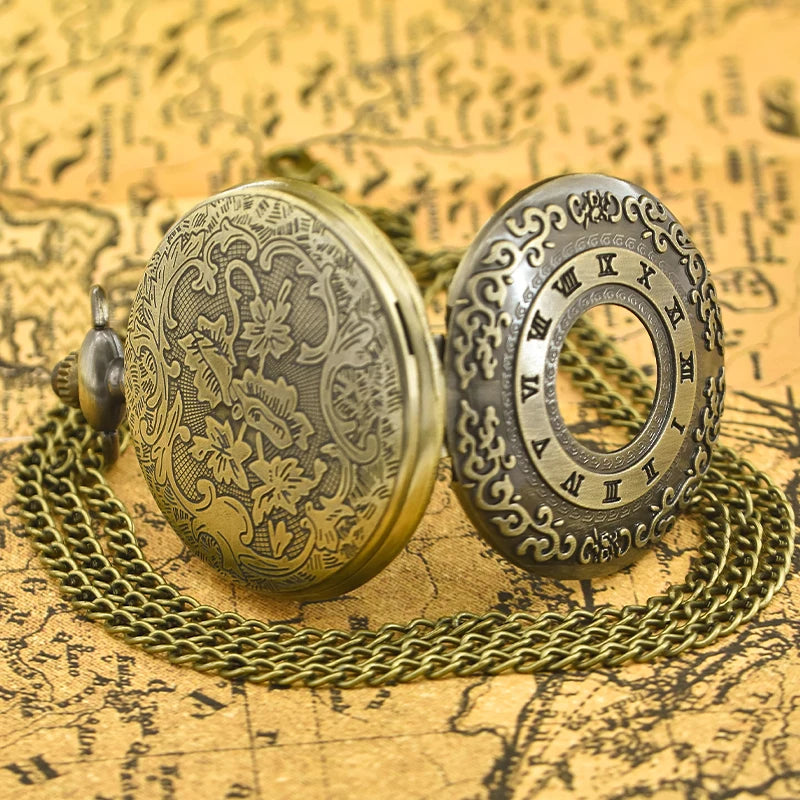 Antique Bronze Engraved Pocket Watch with Roman Numerals