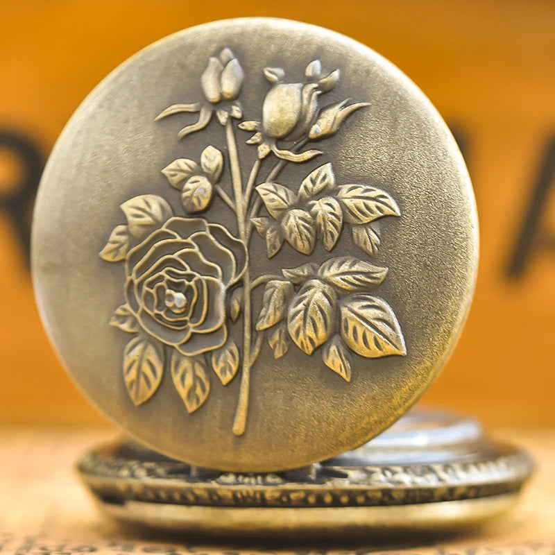 Antique Bronze Embossed Rose Pocket Watch