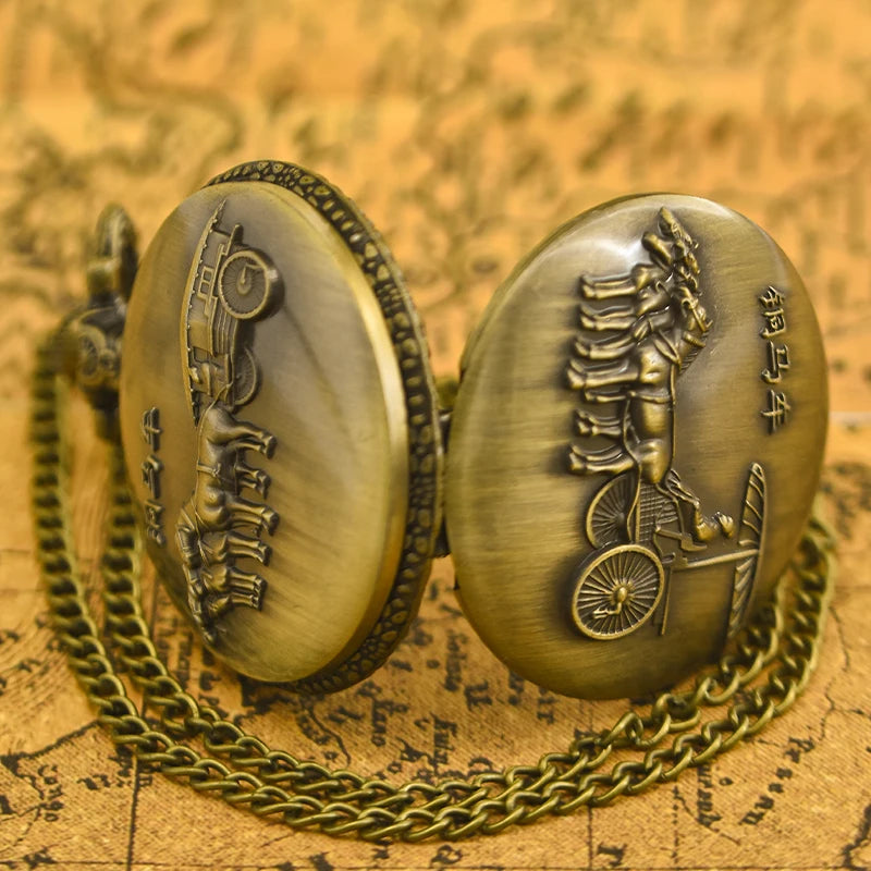 Vintage Bronze Horse Carriage Pocket Watch with Chain