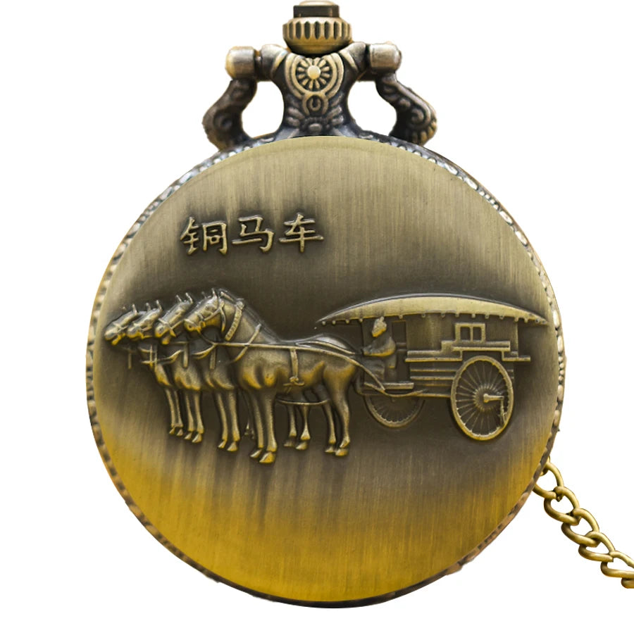Vintage Bronze Horse Carriage Pocket Watch with Chain