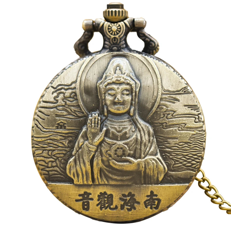 Antique Bronze Pocket Watch with Embossed Guan Yin
