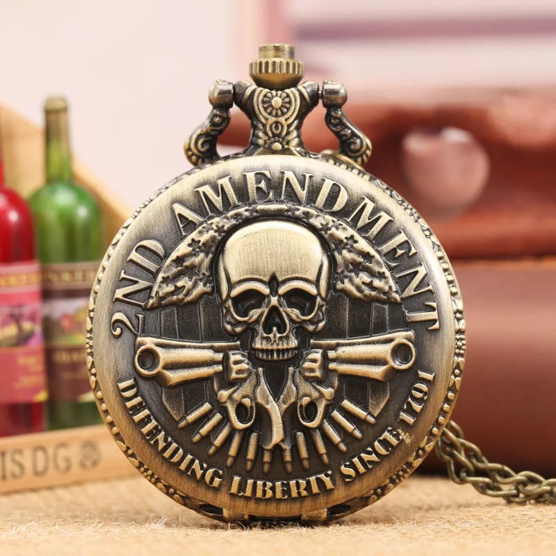 Antique Bronze 2nd Amendment Skull & Guns Pocket Watch