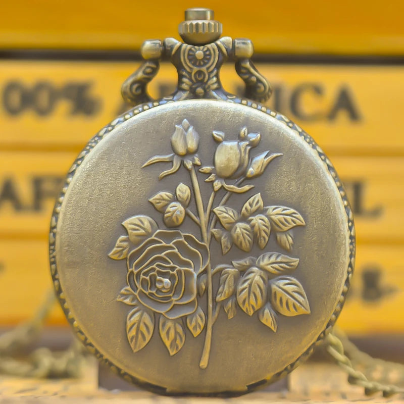 Antique Bronze Embossed Rose Pocket Watch