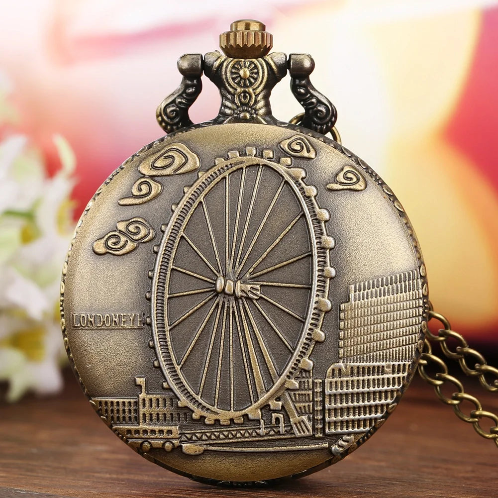 Vintage Antique Bronze London Eye Embossed Pocket Watch