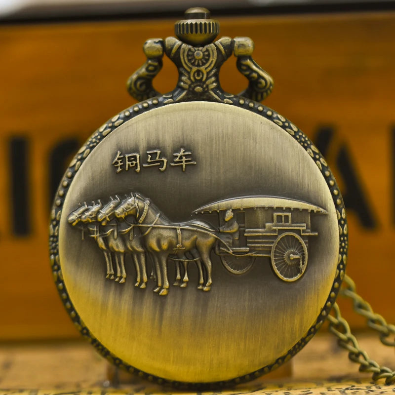 Vintage Bronze Horse Carriage Pocket Watch with Chain